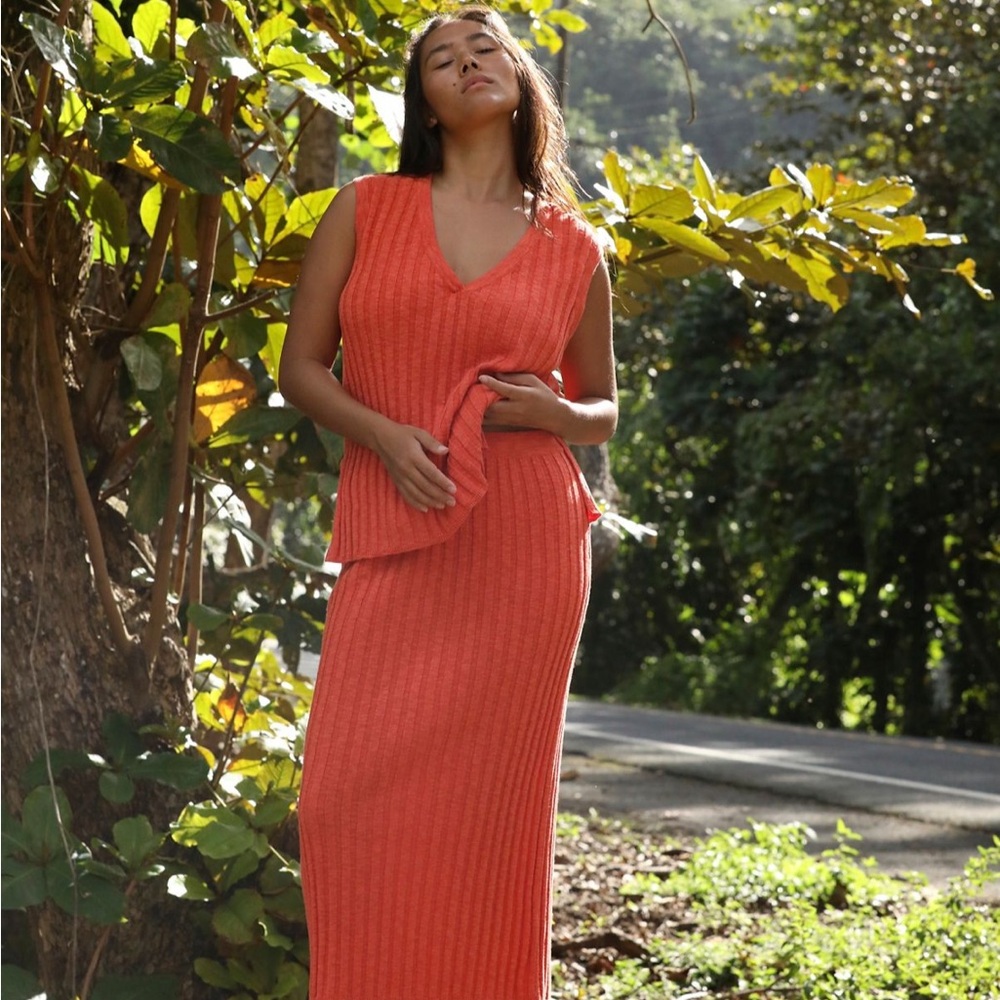 Free People Ribbed Maxi Dress in Coral Orange